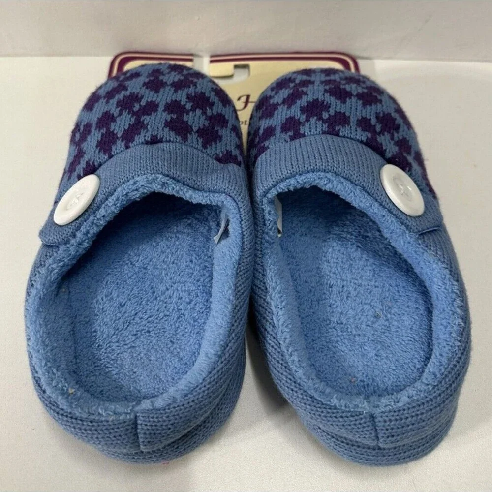Bare Hugs Unisex size large 2-3 slip on blue and purple textile slippers